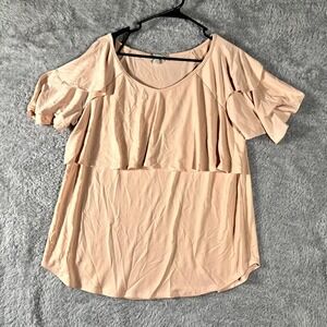 Espressa Blouse Top Women XL Beige Cotton Ruffle Raglan Sleeve Round Hem Classic